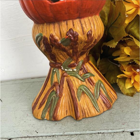 Vintage Halloween Jack O’Lantern Haystack Scarecrow Ceramic Light Cover REPAIRED - Picture 3 of 8
